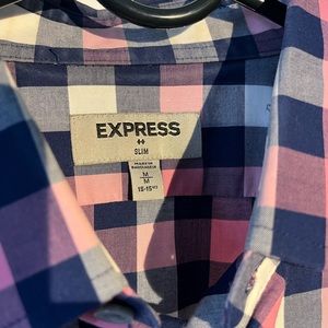 Express pink, blue, and white button up long sleeve shirt.